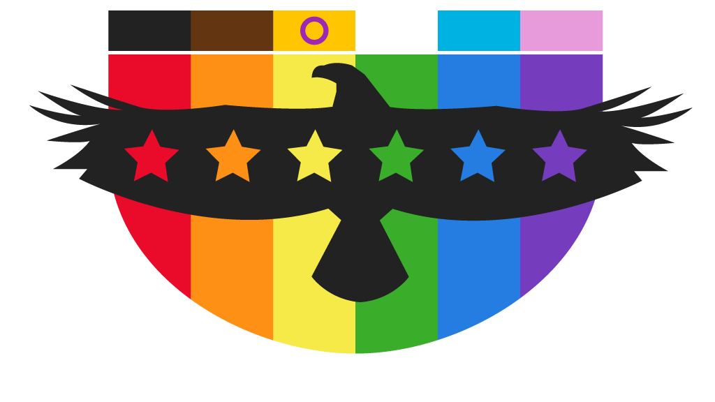 PFS logo featuring a rainbow shield, and an eagle with stars on it's wings.