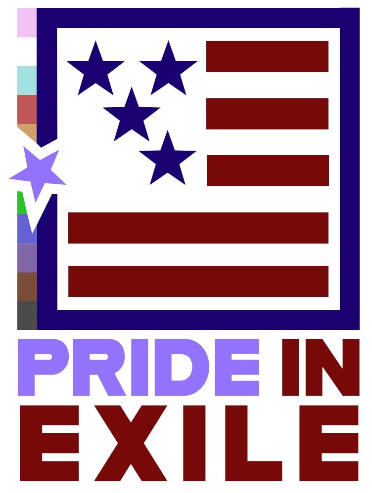 Pride in Exile logo featuring a blocky American flag with a lavendar star being removed from it.